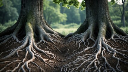 Obraz premium Roots intertwine under towering trees in a serene forest during early morning light