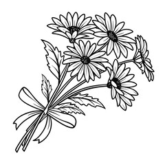 A detailed black-and-white illustration of a bouquet of daisy tied together with a ribbon, coloring page, kdp, kid's coloring book, adult coloring page, children 