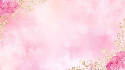 Pink Watercolor Background with Gold Floral Design