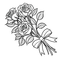 A detailed black-and-white illustration of a bouquet of roses tied together with a ribbon. coloring page , KDP