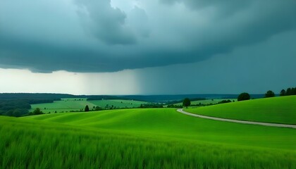Obraz premium Exuberantes campos verdes bajo un cielo espectacular con nubes oscuras y lluvia cayendo a lo lejos. Una carretera sinuosa atraviesa el paisaje, rodeada de una vibrante vegetación