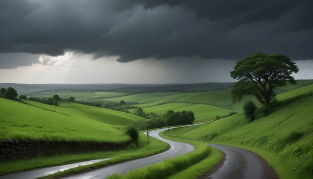 Exuberantes campos verdes bajo un cielo espectacular con nubes oscuras y lluvia cayendo a lo lejos. Una carretera sinuosa atraviesa el paisaje, rodeada de una vibrante vegetaci&oacute;n