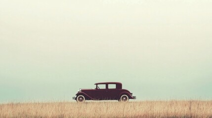 Fototapeta premium Classic car drives across field, foggy sky. Travel poster