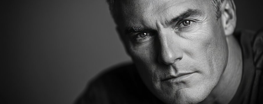 Studio portrait serious man, gray background, pensive mood, headshot