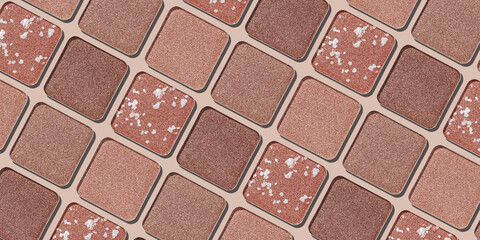 Swatches eyeshadow refills as graphic minimal monochrome pattern. Matte, glitter pans beige brown shades, detailed texture banner, sunlight, stylish cosmetics background, beauty product, eye makeup