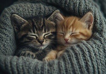 Obraz premium Two adorable kittens cuddling together in a soft gray blanket, showcasing warmth, tranquility, and the bond of friendship in a cozy setting.