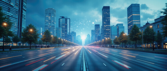 Obraz premium A lively city skyline appears at dusk with high-rise buildings reflecting soft blue tones. Streetlights illuminate the road, while traffic moves swiftly, creating a dynamic urban atmosphere