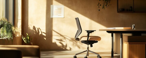 Obraz premium Sunlit office chair near desk, plants, window