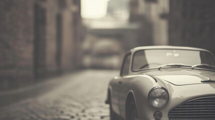 Classic car parked on cobblestone street, old city background, travel imagery