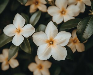 Obraz premium Close-up of creamy white flowers with dark green foliage.