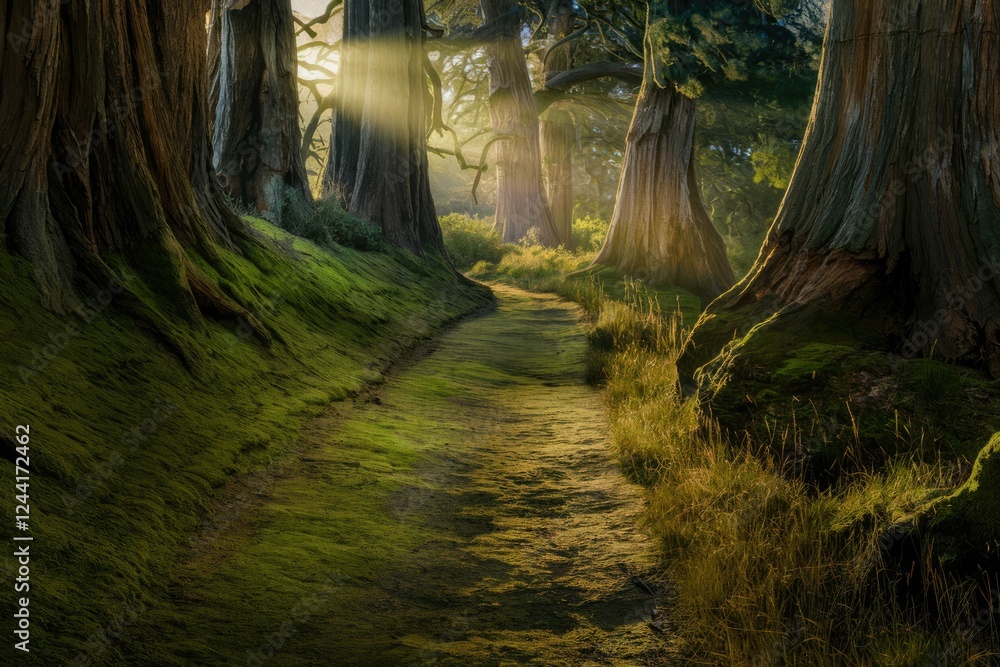 Poster sunlit path winds through a mossy forest, ancient trees casting long shadows.
