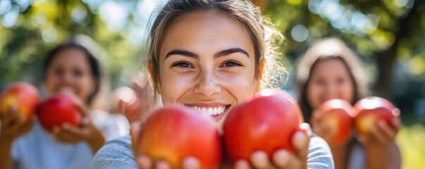 Fototapeta premium Happy woman presents apples, friends in orchard background