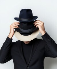a liar and dishonest man in dark suit, wearing several different hats hiding his face. Infidelity concept
