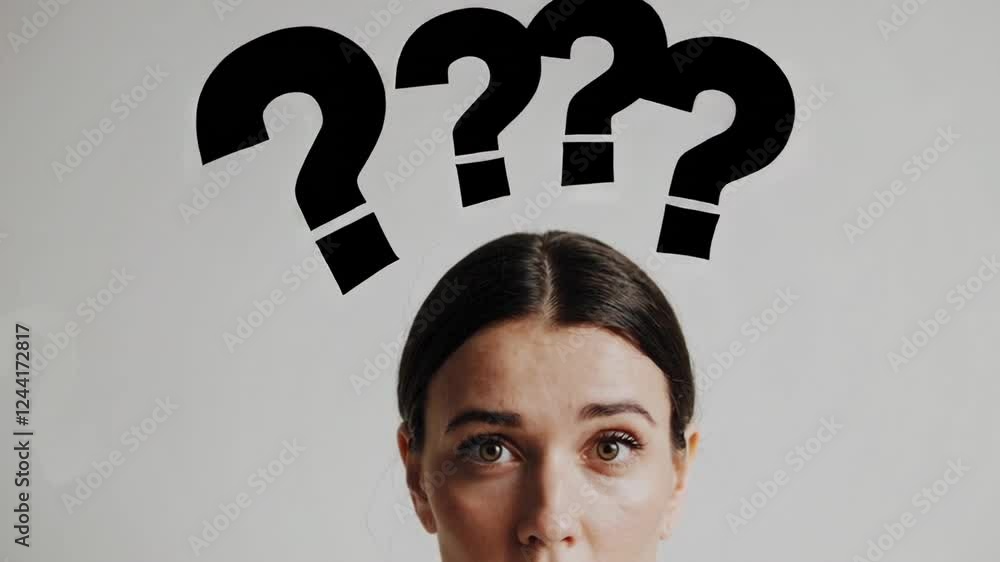 Poster Professional businesswoman experiencing mental uncertainty while surrounded by floating question marks expressing inner struggle through contemplative facial expressions