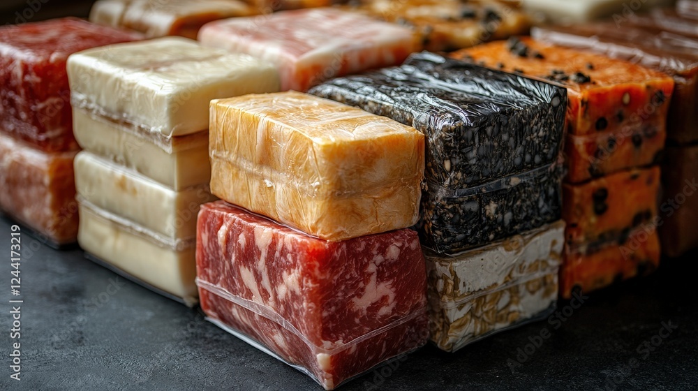 Poster a colorful assortment of artisanal soaps stacked neatly, showcasing various textures and colors