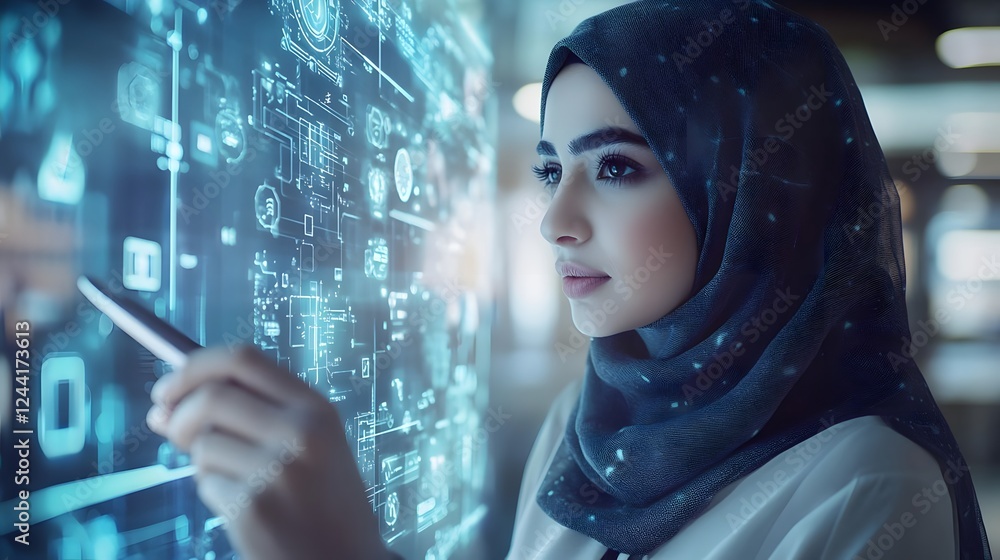 Poster woman in hijab interacting with digital interface displaying technology and data analytics in office