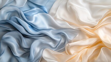 Fototapeta premium Flat lay of pastel blue and silver silk satin fabric. Soft, flowing, and elegant drapery for beauty, fashion, and luxury branding.