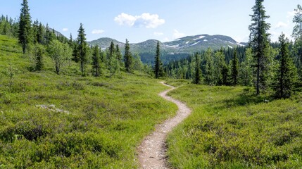 Fototapeta premium Winding mountain trail, summer hike, scenic view, background mountains