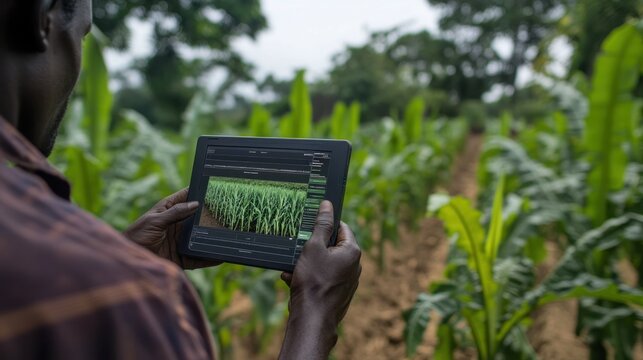 Farmer using tablet in cornfield, assessing crop health, technology improving agriculture