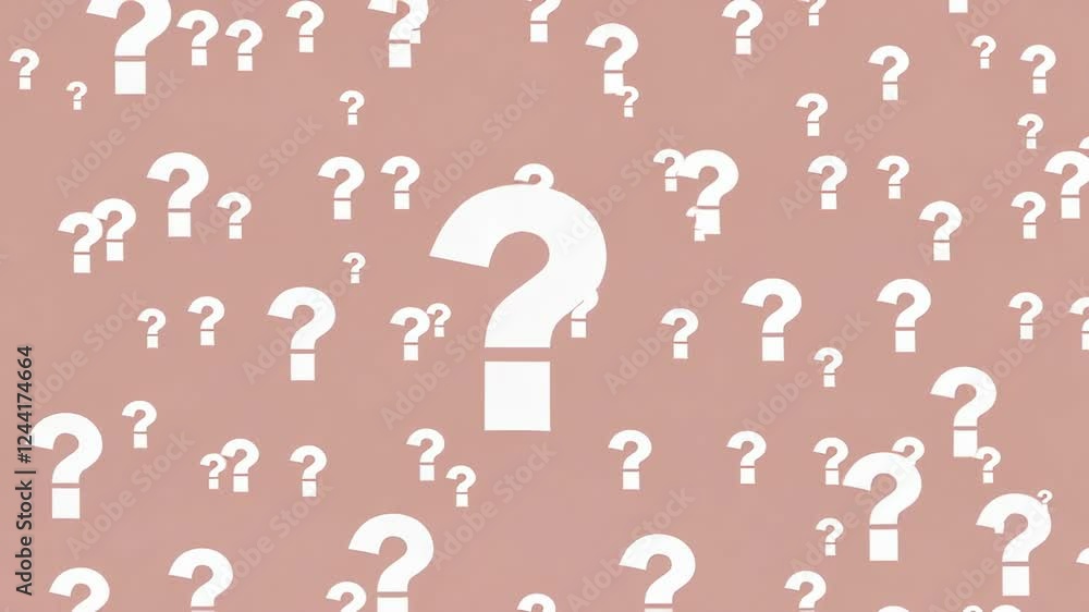 Poster White question marks of various sizes are floating on a textured pink background, creating a visual representation of uncertainty, decision making, and the search for answers