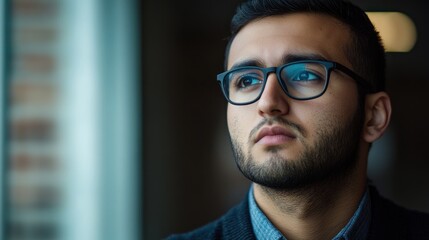 Fototapeta premium Pensive young man looking out window, office background, portrait