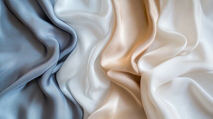 Fototapeta premium Freshly laundered silk satin fabric in silver, white, and light blue. Soft, clean, and flowing, ideal for product backgrounds.