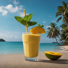 An elegant mango dessert plated beautifully, with delicate mango mousse and a few pieces of diced mango arranged artistically. The dessert is surrounded by a drizzle of mango puree and a sprinkle of c