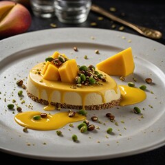 An elegant mango dessert plated beautifully, with delicate mango mousse and a few pieces of diced mango arranged artistically. The dessert is surrounded by a drizzle of mango puree and a sprinkle of c