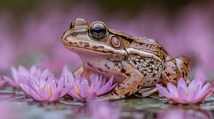 Obraz premium Brown Frog Among Pink Water Lilies