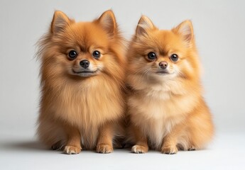 Obraz premium Two Charming Pomeranian Dogs Sitting Side by Side with Fluffy Coats and Expressive Faces Against a Light Background