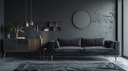 Detailed view of dark gray room featuring sofa, sideboard, and spacious mock-up area.