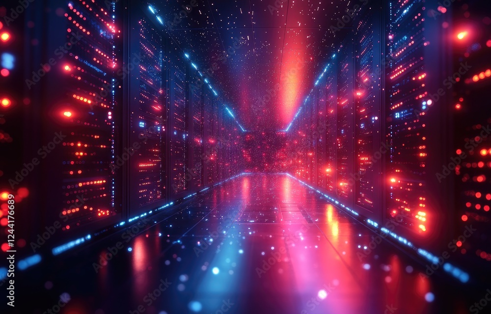 Poster futuristic data center corridor illuminated by vibrant red and blue lights, perfect for tech brandin