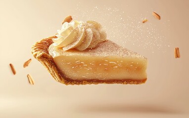 Flying apple pie slice with cinnamon sugar sprinkles on a pastel beige background