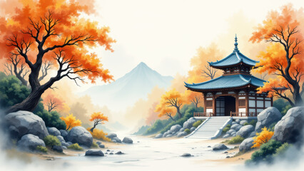 Fototapeta premium A tranquil temple surrounded by autumn foliage, with a waterfall flowing into a serene pond under a mountainous backdrop.