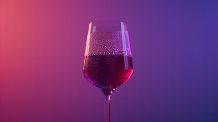 A glass of fine red wine with slight condensation on the glass, placed against a rich purple background