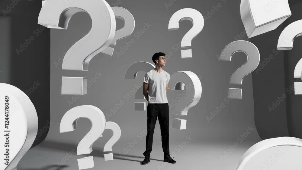 Poster Pensive young professional surrounded by floating white question marks, deeply contemplating complex uncertainties within minimalist gray environment