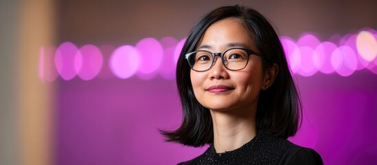 Woman smiling, glasses, purple bokeh background, portrait, professional headshot