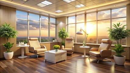 Fototapeta premium Modern Office Interior with Scenic Sunset View and Green Plants