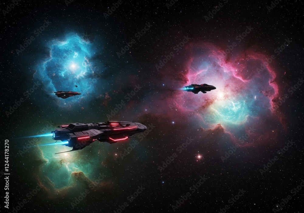 Poster futuristic spaceships exploring colorful nebulae in outer space adventure scene