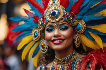 Fototapeta premium Joyful Brazil Carnival Dancer in Colorful Feathered Headdress and Beaded Costume, Celebrating on a Festive Street