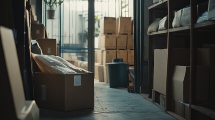 Sunlight streams into warehouse; boxes stacked, inventory prep, small business