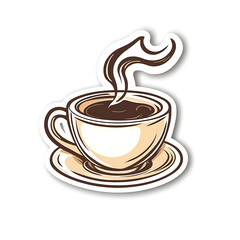 Obraz premium Coffee cup sticker with steam and saucer on a light background