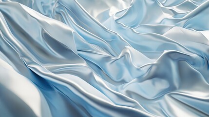 Obraz premium Softly crumpled light blue and silver satin fabric. A luxurious drapery background symbolizing purity, freshness, and softness.