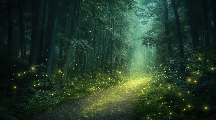 Obraz premium Walking Through Enchanted Woods at Night Surrounded by Fireflies Under Moonlight, Ethereal Fantasy Scene