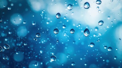Water Droplets or Oil Bubbles Floating on Vibrant Blue Background with Panoramic Reflections
