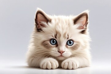 Cute adorable domestic curious cat kitten animal with its paws peeking over a white surface, photorealistic illustration on isolated background texture design.
