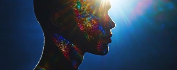 Illuminated profile, colorful aura, dark background, spiritual concept