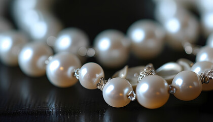 a close up of a necklace with pearls