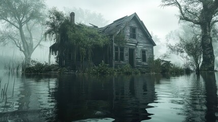 Abandoned House Submerged in Flood Waters with Eerie Reflections