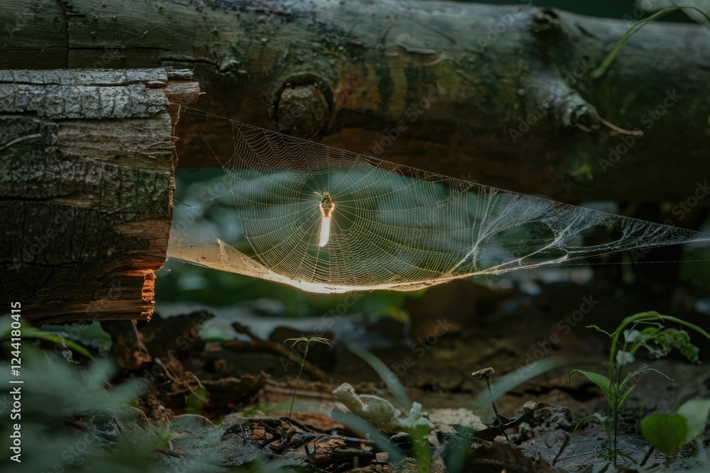 Poster a delicate spiderweb stretches between a decaying log, catching the soft light of dawn in a serene f